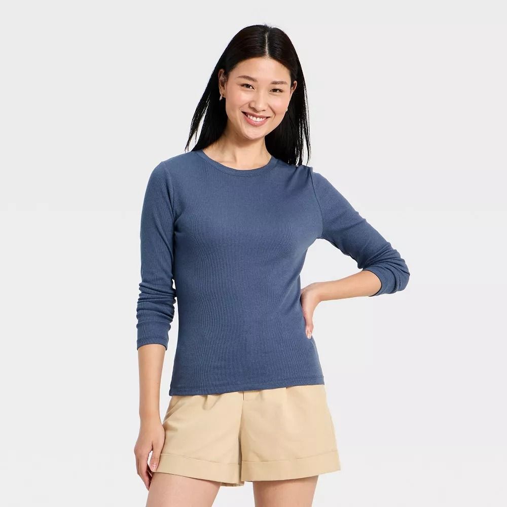 Women's Long Sleeve Crewneck Ribbed T-Shirt - A New Day Blue M